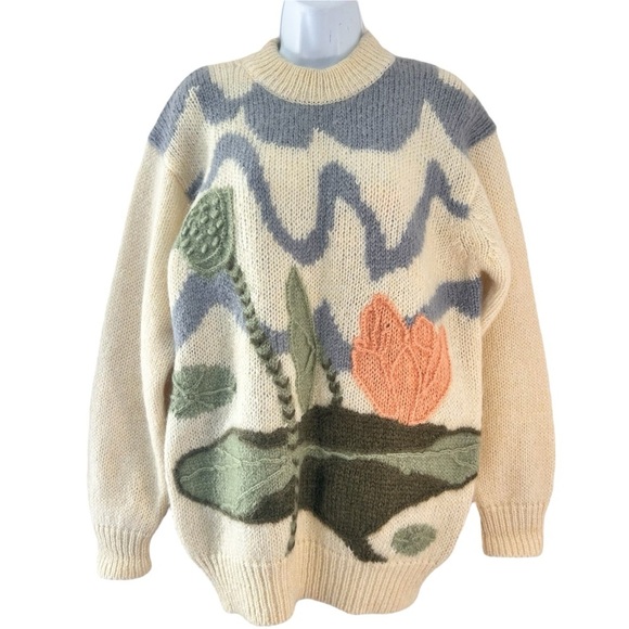 YEO’S Vtg 80s Hand-knit Wool Mohair Sweater Abstract 3D Knit Waterlily Print XL - Picture 2 of 11
